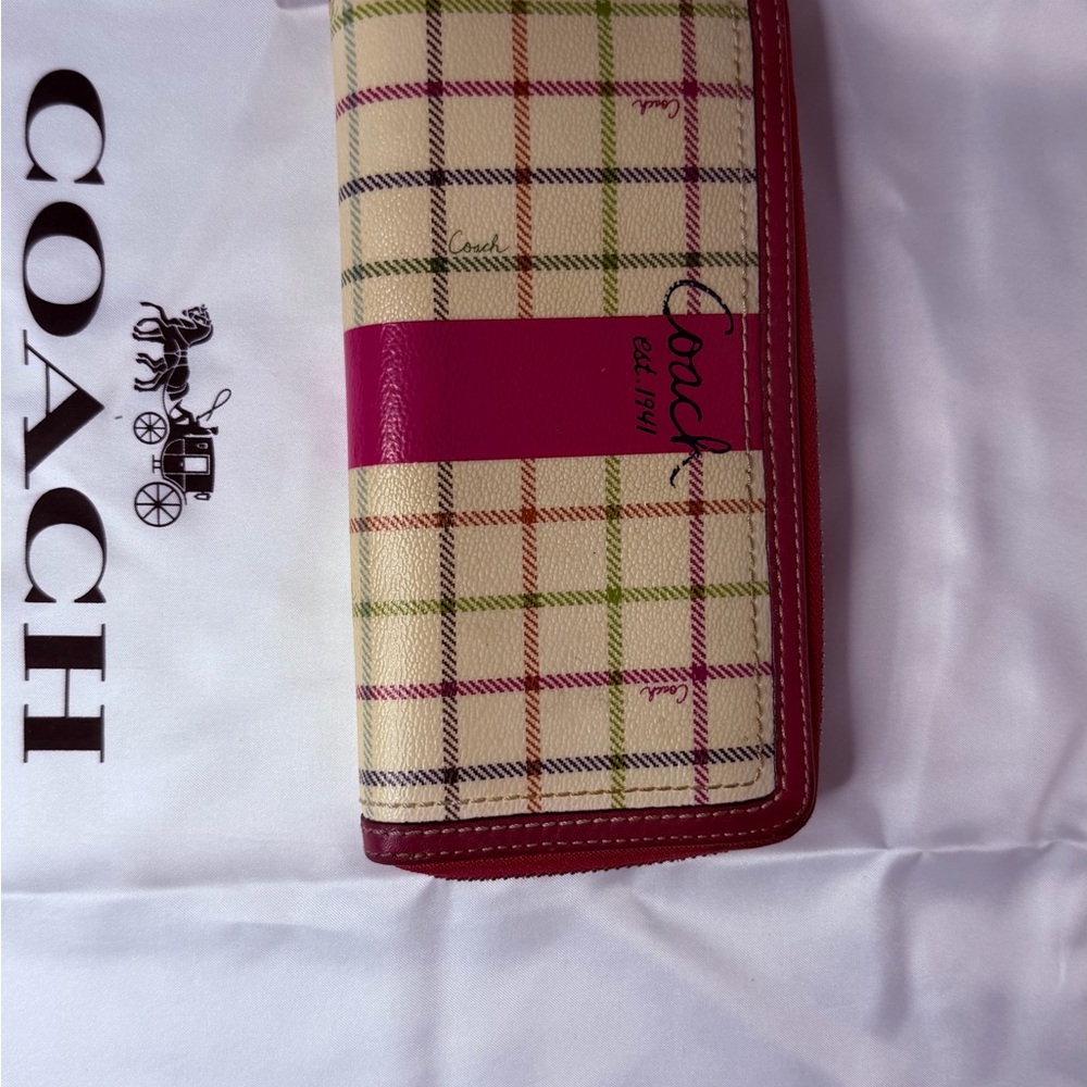 Coach Checkered Wallet with Pink and Red Accents